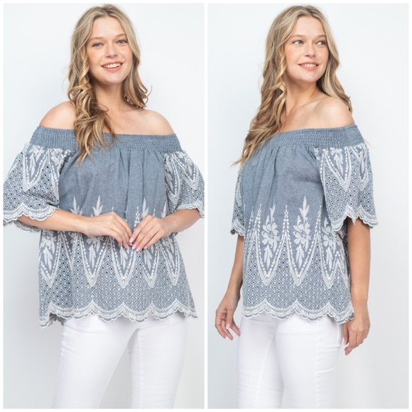 MUR MUR Oversized Chambray Embroidered Top - Picture 6 of 7